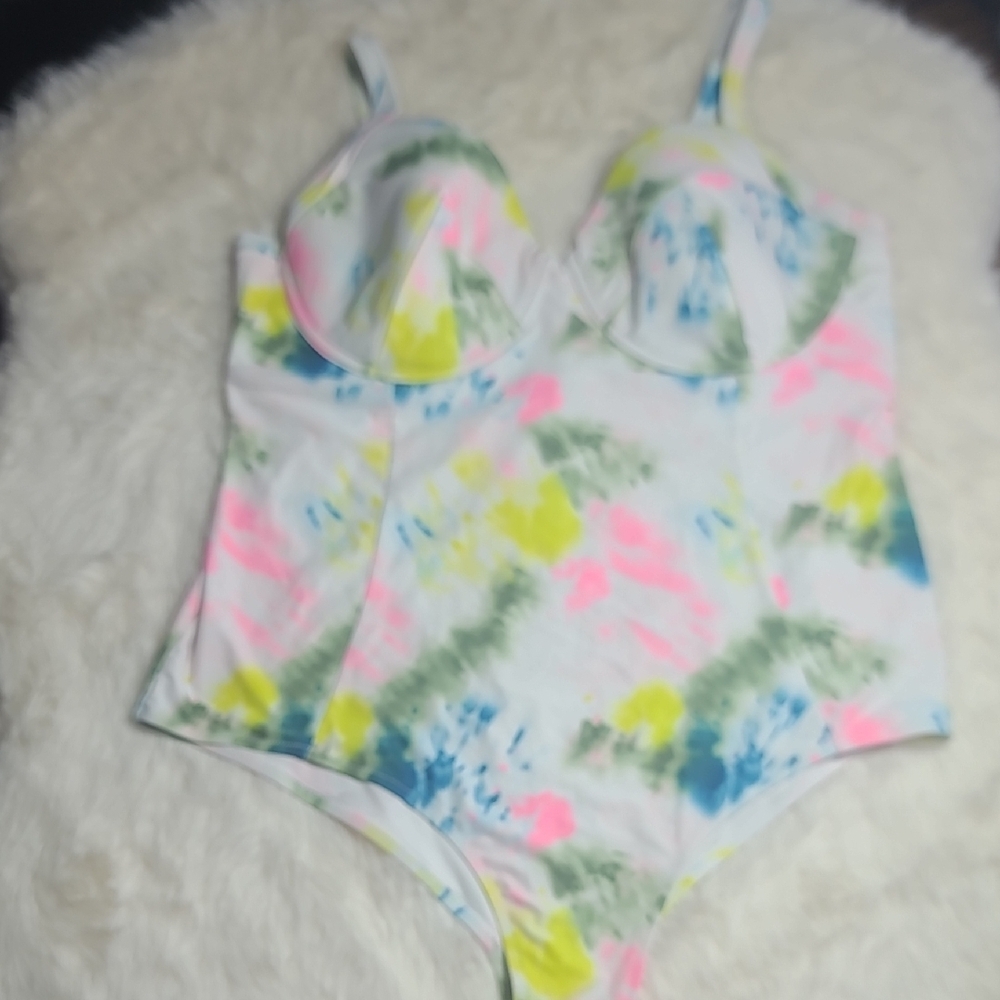 Old Navy Tie-Dye One-Piece Swimsuit - White with Pink & Blue Accents